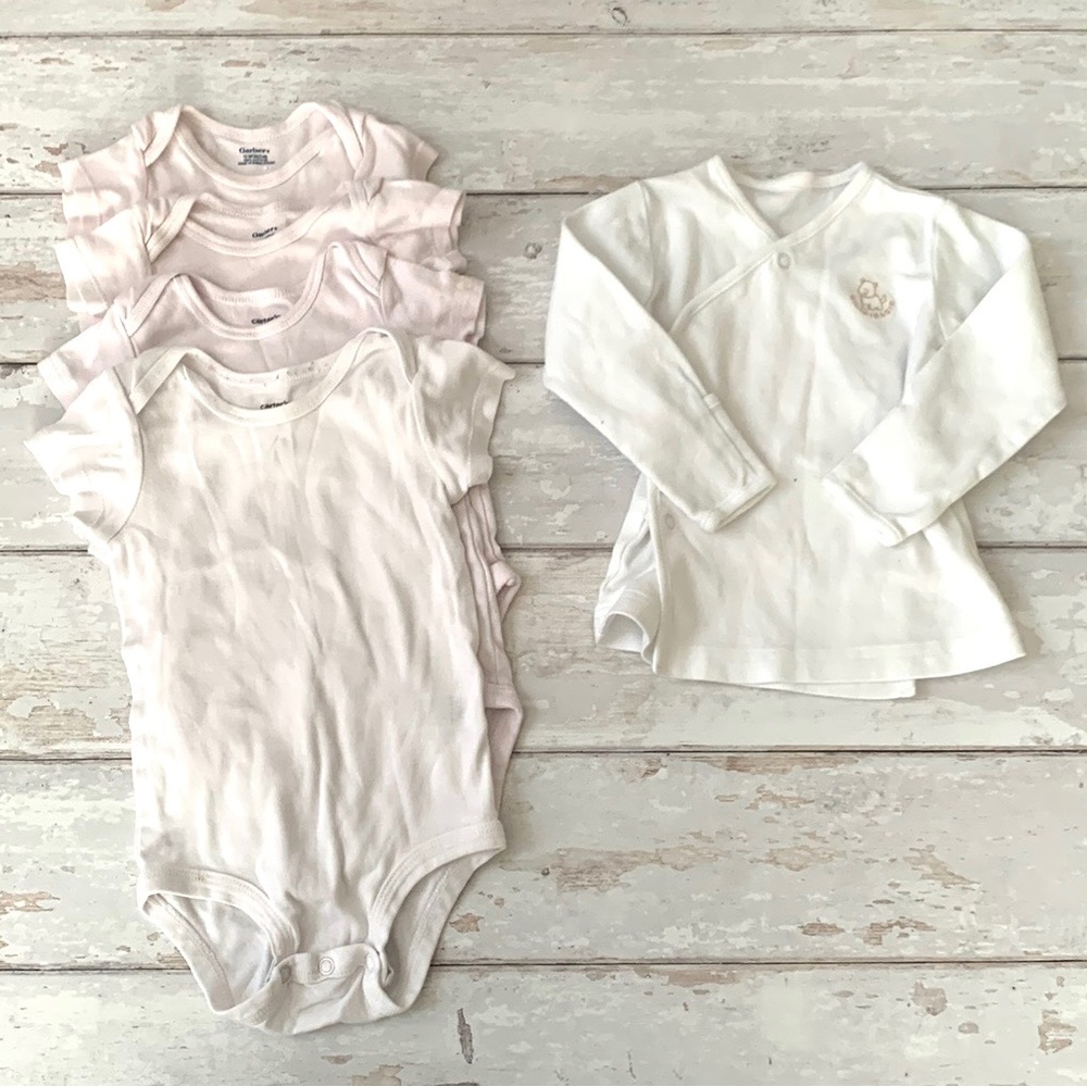 Carters 12m Unisex Baby White Onesies Bundle 4 Short Sleeve & Kimono Wrap Shirt